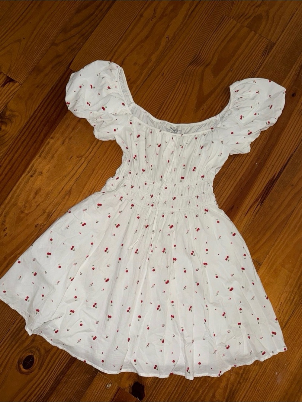 White Cherry-Print Puff Sleeve Mini Dress M